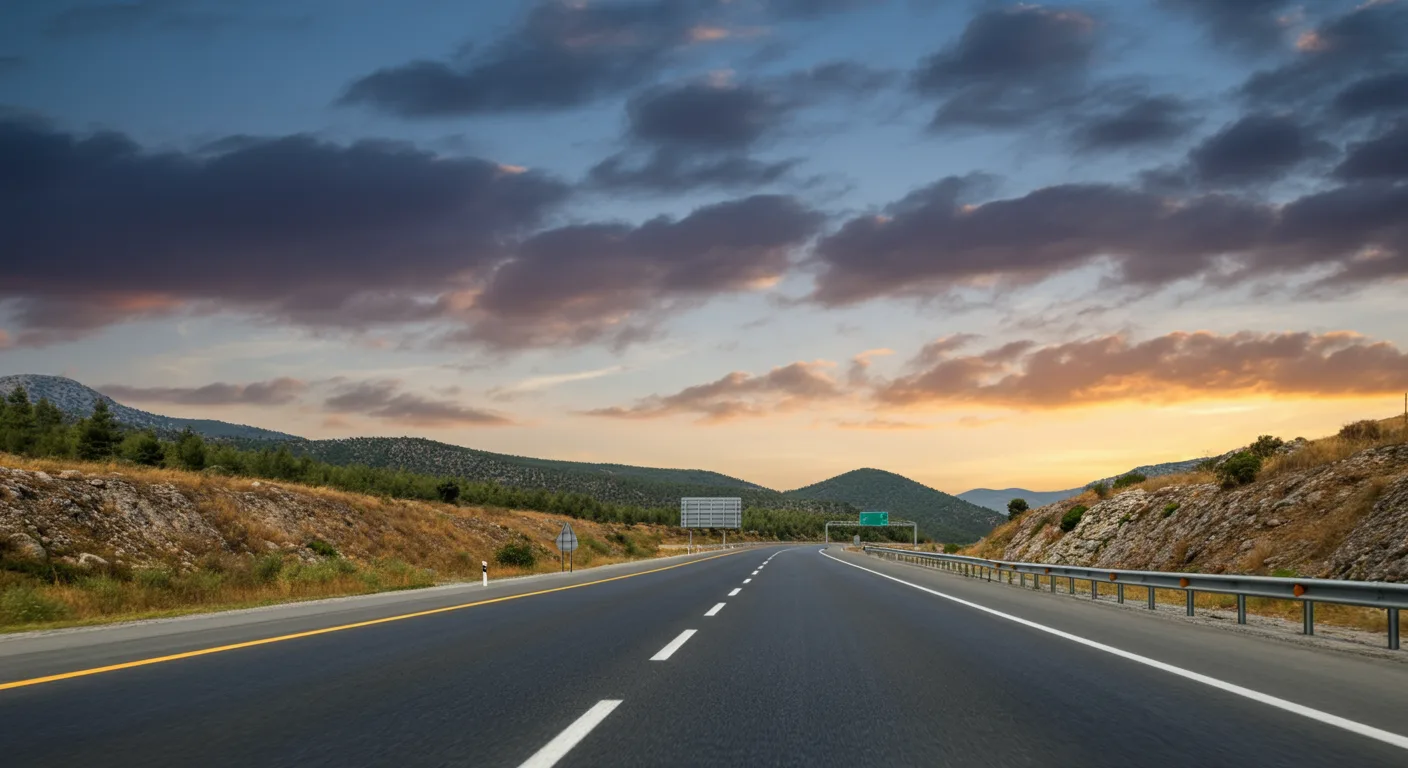 İzmir otoyolu gün batımında — 7/24 mobil lastik yol yardımı için hazır servis